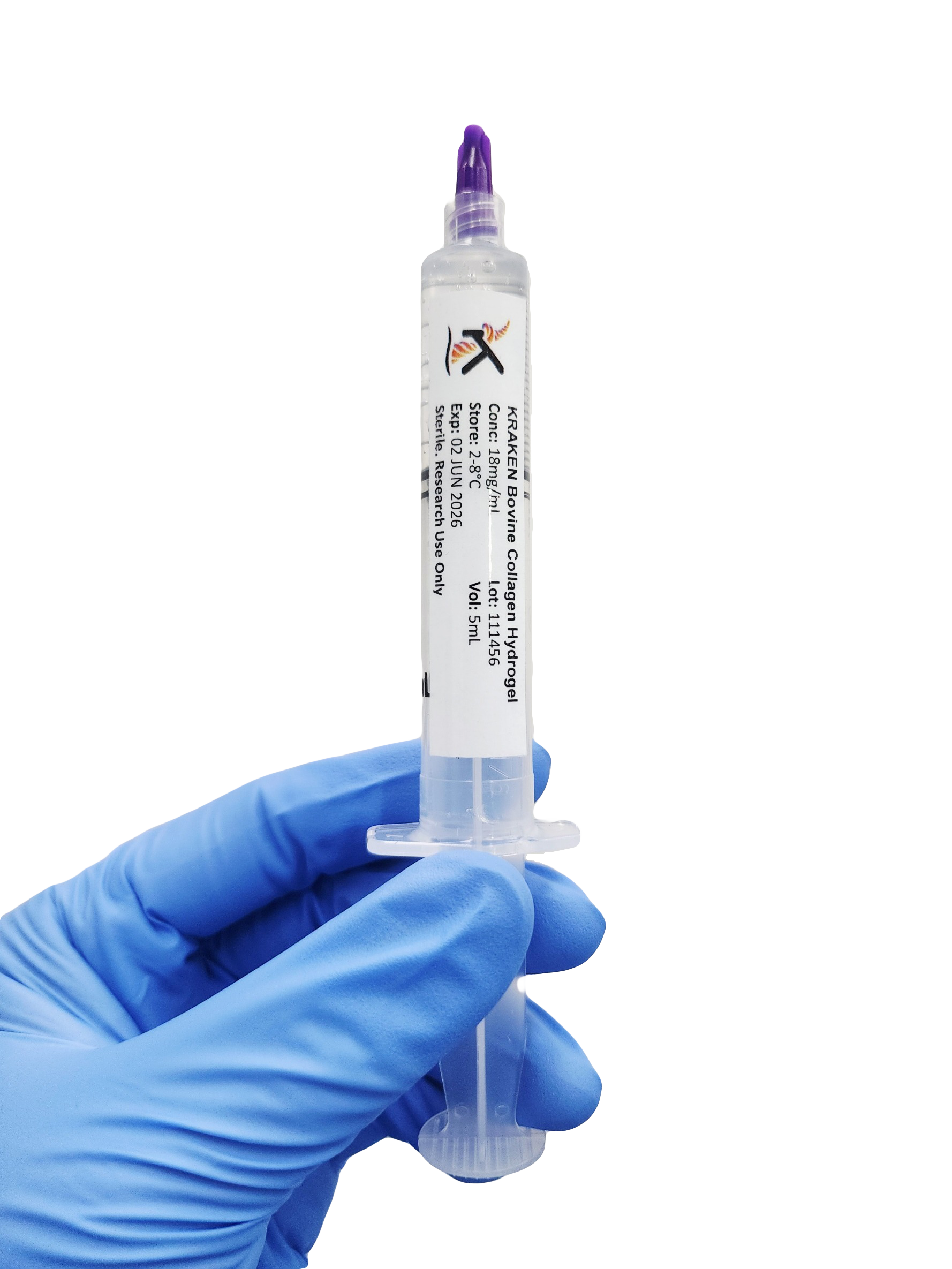 Syringe with a Kraken label held by a gloved hand on a white background