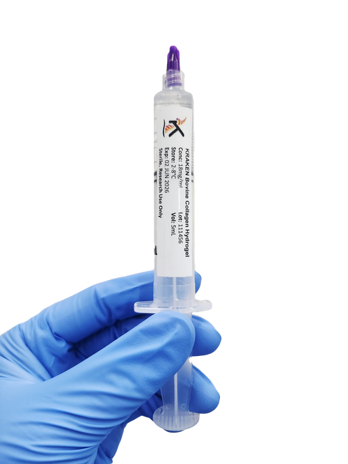 Syringe with a Kraken label held by a gloved hand on a white background